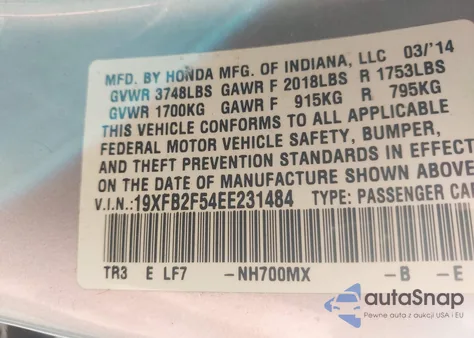 2014 Honda Civic Lx z USA, uszkodzony, nr VIN 19XFB2F54EE231484